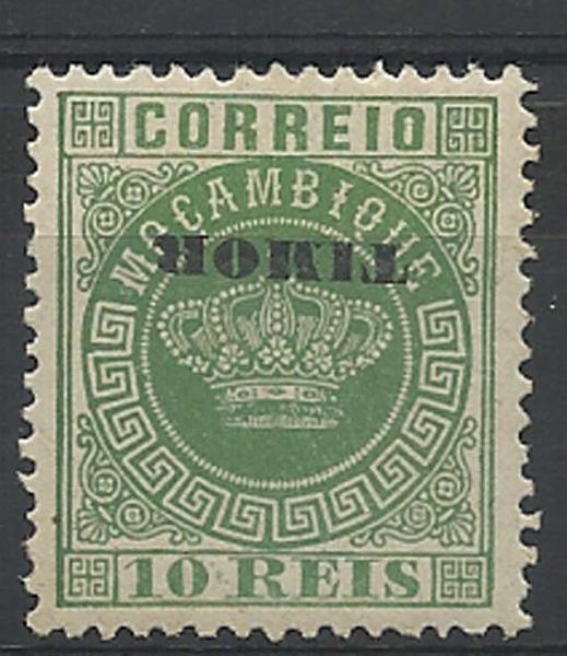 1205.jpg -     Lote:    1205            Timor       Descrição:         1886 &mdash; Tipo Coroa. Selos de Moçambique, com sobrecarga "TIMOR". Não emitidos. 10 reis verde, denteado 12 &frac12;, com a sobrecarga invertida. MB e MR.        **       Valor Base:     &euro; 75,00     Valor Venda:     &euro; 75,00     