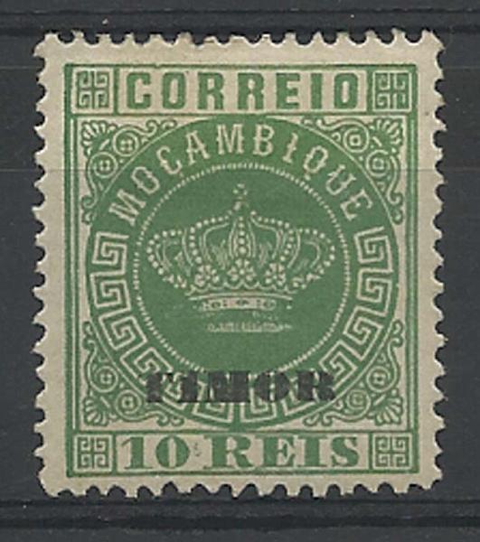 1206.jpg -     Lote:    1206            Timor       Descrição:         1886 &mdash; Tipo Coroa. Selos de Moçambique, com sobrecarga "TIMOR". Não emitidos. 10 reis verde, denteado 12 &frac12;. MB e MR.        **       Valor Base:     &euro; 50,00     Valor Venda:     &euro; 50,00     