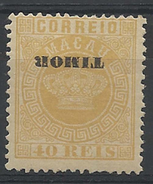 1209.jpg -     Lote:    1209            Timor       Descrição:         1886 &mdash; Tipo Coroa. Selos de Macau, com sobrecarga "TIMOR". CE5, 40 reis amarelo, denteado 12 &frac12;, com sobrecarga invertida. MB e MR.        **       Valor Base:     &euro; 40,00     Valor Venda:     Retirado     