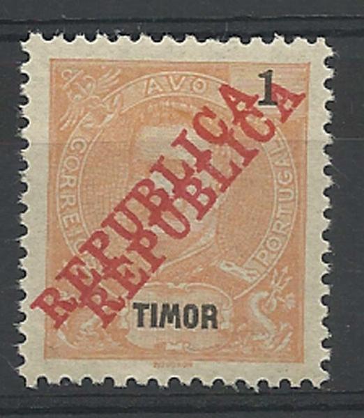 1220.jpg -     Lote:    1220            Timor       Descrição:         1911 &mdash; D. Carlos I tipo Mouchon, com sobrecarga REPUBLICA da Casa da Moeda. CE113,1 avo laranja. Selo com dupla sobrecarga.        **       Valor Base:     &euro; 20,00     Valor Venda:     &euro; 28,00     