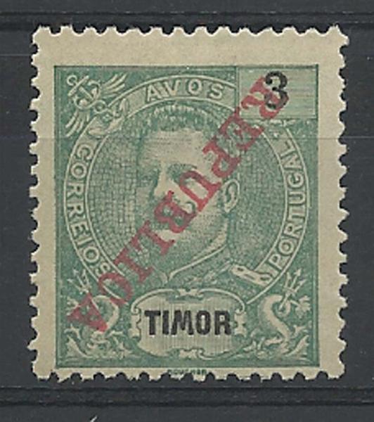 1223.jpg -     Lote:    1223            Timor       Descrição:         1911 &mdash; D. Carlos I tipo Mouchon, com sobrecarga REPUBLICA da Casa da Moeda. CE115, 3 avos verde, emitido sem goma. Selo com sobrecarga invertida.        *       Valor Base:     &euro; 20,00     Valor Venda:     &euro; 26,00     