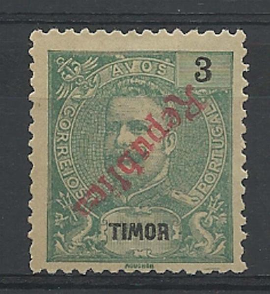 1224.jpg -     Lote:    1224            Timor       Descrição:         1913 &mdash; D. Carlos I tipo Mouchon, com sobrecarga REPUBLICA local. CE134, 3 avos verde, emitido sem goma. Selo com sobrecarga invertida.        *       Valor Base:     &euro; 20,00     Valor Venda:     &euro; 30,00     