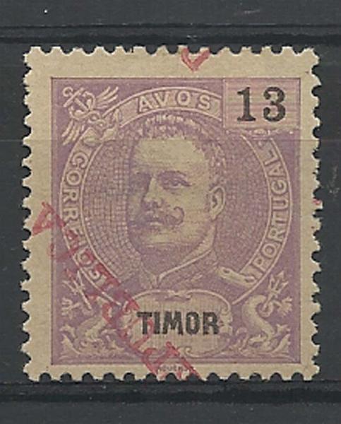 1230.jpg -     Lote:    1230            Timor       Descrição:         1913 &mdash; D. Carlos I tipo Mouchon, com sobrecarga REPUBLICA local. CE152, 13 avos lilás vivo, emitido sem goma. Selo com sobrecarga invertida e deslocada.        *       Valor Base:     &euro; 20,00     Valor Venda:     &euro; 46,00     