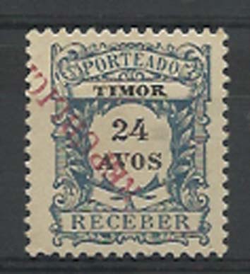 1232.jpg -     Lote:    1232            Timor       Descrição:         1913 &mdash; Porteado. Emissão regular de 1904 com sobrecarga REPUBLICA local. Emitidos sem goma. CE POR27, 24 avos azul. Selo com a sobrecarga invertida e deslocada.        *       Valor Base:     &euro; 20,00     Valor Venda:     &euro; 20,00     