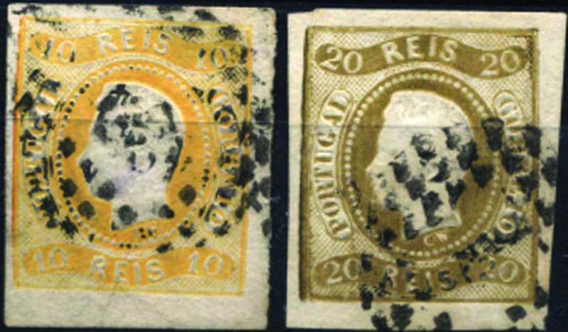 1250.jpg -     Lote:    1250            Portugal       Descrição:         1866/67 &mdash; D. Luís I. Fita curva. Não denteados. CE20/21, 10 e 20 reis. Dois selos com boas margens. Valor de catálogo &euro; 374,00.        O       Valor Base:     &euro; 50,00     Valor Venda:     Retirado     