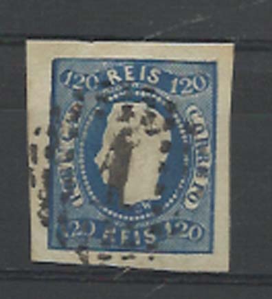 1257.jpg -     Lote:    1257            Portugal       Descrição:         1866/67 &mdash; D. Luís I. Fita curva, não denteados. CE26, 120 reis azul com margens largas. Valor de catálogo &euro; 128,00.        O       Valor Base:     &euro; 16,00     Valor Venda:     &euro; 22,00     
