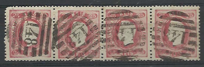 1262.jpg -     Lote:    1262            Portugal       Descrição:         1867/70 &mdash; D. Luís I. Fita curva, denteados. CE30, 25 reis carmim. Tira horizontal de 4 selos obliterados com carimbo numérico da 2.ª reforma batido a preto "148 &mdash; PINHEL". Valor de catálogo &euro; 95,00.        O       Valor Base:     &euro; 25,00     Valor Venda:     &euro; 25,00     