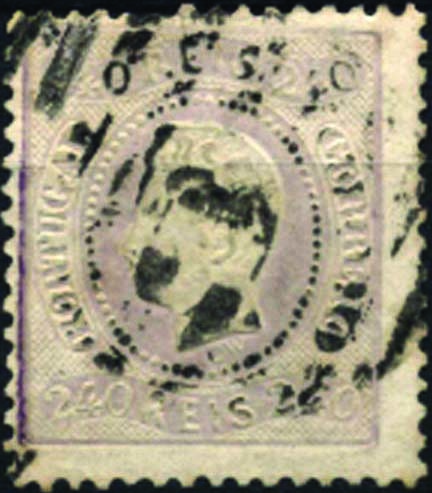 1265.jpg -     Lote:    1265            Portugal       Descrição:         1867/70 &mdash; D. Luís I. Fita curva, denteados. CE35, 240 reis lilás malva. Valor de catálogo &euro; 863,00.        O       Valor Base:     &euro; 120,00     Valor Venda:     Retirado     