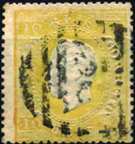 1269.jpg -     Lote:    1269            Portugal       Descrição:         1870/76 &mdash; D. Luís I, fita direita. CE37, 10 reis amarelo, denteado 14. Valor de catálogo &euro; 539,00.        O       Valor Base:     &euro; 75,00     Valor Venda:     Retirado     