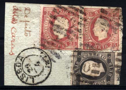 1273.jpg -     Lote:    1273            Portugal       Descrição:         1870/76 &mdash; D. Luís I, fita direita. CE40, 25 reis. Fragmento de papel selado com par horizontal com dupla impressão do relevo, sem denteado em dois lados (selos cortados à tesoura).         FRG       Valor Base:     &euro; 15,00     Valor Venda:     Retirado     