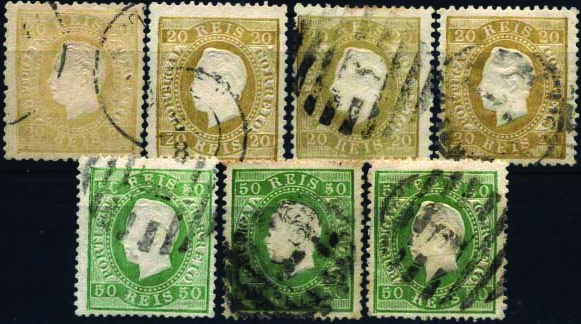 1274.jpg -     Lote:    1274            Portugal       Descrição:         1870/76 &mdash; D. Luís I, fita direita. Lote composto por: CE39, 4x20 reis bistre, papel liso, denteado 12 &frac12; + CE41, 3x50 reis verde, papel liso, denteado 13 &frac12;. Valor de catálogo &euro; 372,20        O       Valor Base:     &euro; 30,00     Valor Venda:     &euro; 38,00     
