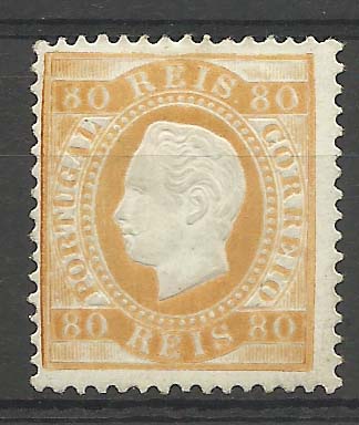 1275.jpg -     Lote:    1275            Portugal       Descrição:         1870/76 &mdash; D. Luís I. Fita direita. CE42, 80 reis amarelo-laranja, denteado 12 &frac12;, papel porcelana. Valor de catálogo &euro; 812,00.        **       Valor Base:     &euro; 75,00     Valor Venda:     Retirado     