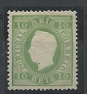 1279.jpg -     Lote:    1279            Portugal       Descrição:         1879/80 &mdash; D. Luís I, fita direita. Novas cores. CE49, 10 reis verde amarelo, denteado 13 &frac12;. Selo regomado.        RG***       Valor Base:     &euro; 25,00     Valor Venda:     Retirado     