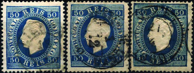 1282.jpg -     Lote:    1282            Portugal       Descrição:         1879/80 &mdash; D. Luís I, fita direita. Novas cores. CE50, 50 reis azul, papel liso, denteado 13 &frac12;, tipo II. Lote de 3 selos, um deles com canto curto. Valor de catálogo &euro; 273,60.        O       Valor Base:     &euro; 20,00     Valor Venda:     &euro; 20,00     