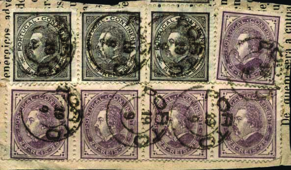 1283.jpg -     Lote:    1283            Portugal       Descrição:         1880/81 &mdash; D. Luís I, de perfil. Fragmento de jornal, circulado do Porto, com 3 selos de 5 reis, denteado 12 &frac12; + 5 selos de 25 reis, denteado 12 &frac12;, CE52/53.        FRG       Valor Base:     &euro; 20,00     Valor Venda:     Retirado     