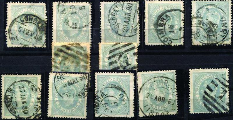 1284.jpg -     Lote:    1284            Portugal       Descrição:         1880/81 &mdash; D. Luís I, de perfil. CE53, 25 reis azul cinzento. Lote de 12 selos, diferentes denteado, obliterados com diversos carimbos. Lote a ver.        Lote       Valor Base:     &euro; 60,00     Valor Venda:     Retirado     