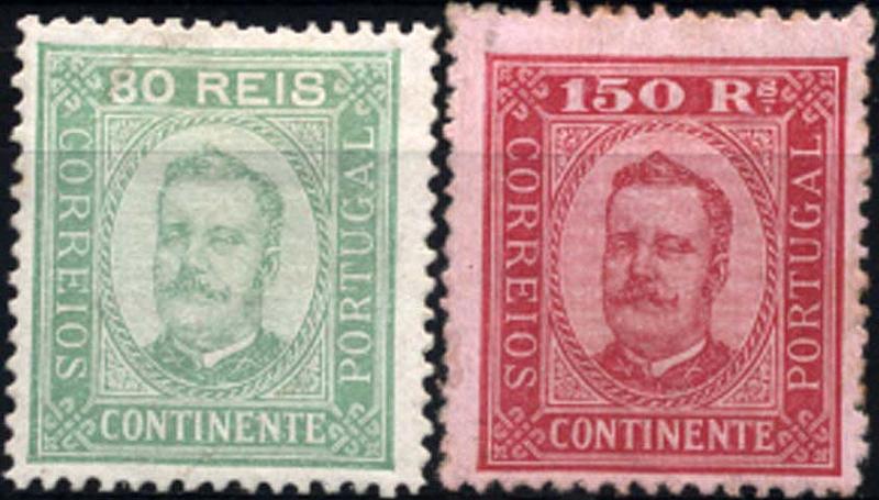 1290.jpg -     Lote:    1290            Portugal       Descrição:         1892/93 &mdash; D. Carlos I tipo Diogo Neto. CE76/77. Lote composto por dois selos em papel porcelana, denteado 12 &frac12;. Selo de 150 reis com ligeiros pontos de óxido no verso. Valor de catálogo &euro; 1.298,00.        **       Valor Base:     &euro; 50,00     Valor Venda:     Retirado     