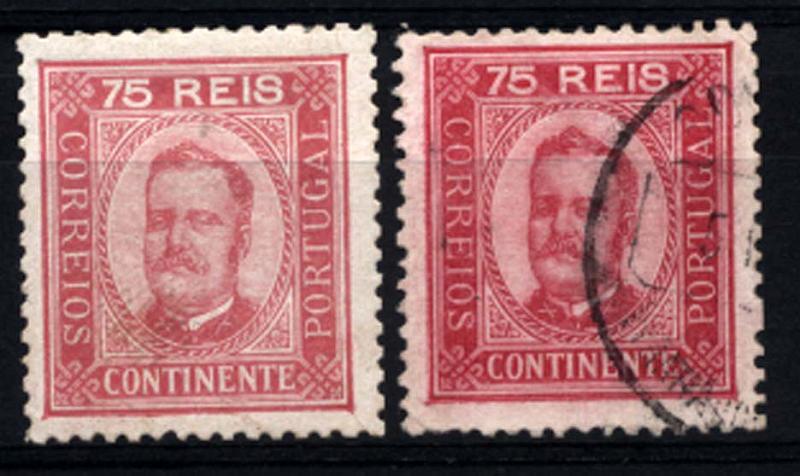 1291.jpg -     Lote:    1291            Portugal       Descrição:         1892/93 &mdash; D. Carlos I, tipo Diogo Neto. CE72, 75 reis carmim, papel porcelana, denteado 12 &frac12;. Lote de dois selos, sendo um novo e outro usado. Valor de catálogo &euro; 123,70.        **/O       Valor Base:     &euro; 15,00     Valor Venda:     &euro; 22,00     