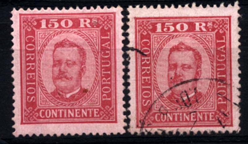 1293.jpg -     Lote:    1293            Portugal       Descrição:         1892/93 &mdash; D. Carlos I, tipo Diogo Neto. CE77, 150 reis carmim s/ rosa, papel porcelana, denteado 13 &frac12;. Lote de dois selos, um novo e outro usado. Valor de catálogo &euro; 363,70. MB.        **/O       Valor Base:     &euro; 40,00     Valor Venda:     &euro; 40,00     