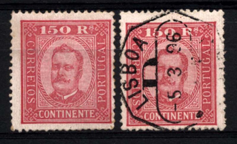 1294.jpg -     Lote:    1294            Portugal       Descrição:         1892/93 &mdash; D. Carlos I tipo Diogo Neto. CE77, 150 reis carmim s/ rosa, papel porcelana, denteado 13 &frac12;. Lote de dois selos, um novo regomado e outro usado. Valor de catálogo &euro; 359,80.        RG**/O       Valor Base:     &euro; 35,00     Valor Venda:     Retirado     