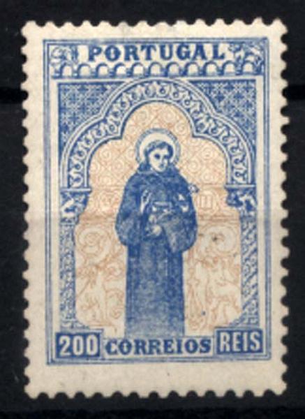 1304.jpg -     Lote:    1304            Portugal       Descrição:         1895 &mdash; 7.º Centenário do Nascimento de S. António. CE122, 200 reis azul e bistre. Valor de catálogo &euro; 290,00.        RG**       Valor Base:     &euro; 30,00     Valor Venda:     &euro; 70,00     