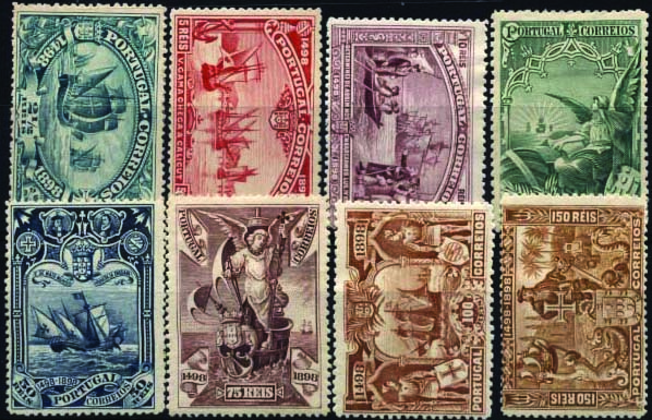 1308.jpg -     Lote:    1308            Portugal       Descrição:         1898 &mdash; 4º Centenário do Descobrimento do Caminho Marítimo para a Índia. CE148/155. Série completa com charneira pesada. Valor de catálogo &euro; 303,00.        **       Valor Base:     &euro; 30,00     Valor Venda:     Retirado     