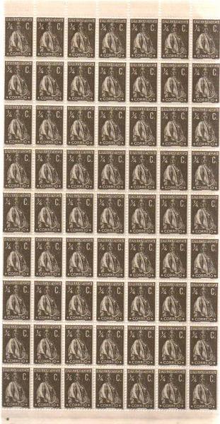 1314.jpg -     Lote:    1314            Portugal       Descrição:         1912 &mdash; Ceres. CE206, &frac14; C sépia. Folha completa de 240 selos.        ***       Valor Base:     &euro; 25,00     Valor Venda:     &euro; 130,00     