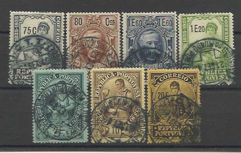 1328.jpg -     Lote:    1328            Portugal       Descrição:         1925 &mdash; Centenário do Nascimento da Camilo Castelo Branco. Lote de 7 selos CE347, 348, 351, 353, 354, 359 e 360, obliterados com carimbo comemorativo da EXPOSIÇÃO do MUNDO PORTUGUÊS.        O       Valor Base:     &euro; 15,00     Valor Venda:     &euro; 26,00     
