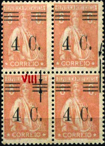 1330.jpg -     Lote:    1330            Portugal       Descrição:         1928/29 &mdash; Ceres, com sobretaxa. CE451, 4c s/ 8c laranja, denteado 12x11 &frac12;. Quadra. Um dos selos com barramento tipo VIII. Valor de catálogo &euro; 48,00.        ***       Valor Base:     &euro; 12,00     Valor Venda:     &euro; 12,00     