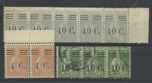 1331.jpg -     Lote:    1331            Portugal       Descrição:         1928/29 &mdash; Ceres, com sobretaxa. Lote composto por: CE451 (par), CE456 (tira de 3 usada) e CE475 (tira de 5 em denteado 15x14, com ligeiras manchas). Todos em papel pontinhado vertical nacional. Não catalogados neste papel.        Lote       Valor Base:     &euro; 25,00     Valor Venda:     Retirado     