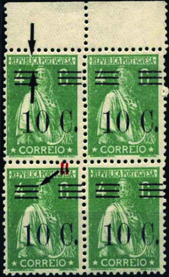 1337.jpg -     Lote:    1337            Portugal       Descrição:         1928/29 &mdash; Ceres, com sobretaxa. CE456, 10c s/ 4c, verde, denteado 12x11 &frac12;. Quadra. Um dos selos com variedade de cliché e outro com barramento tipo II. Valor de catálogo &euro; 48,00.        ***       Valor Base:     &euro; 15,00     Valor Venda:     &euro; 28,00     