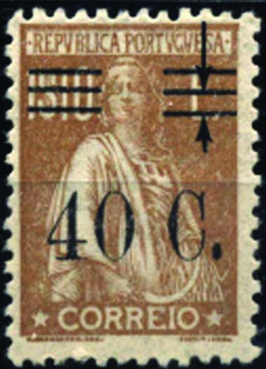 1339.jpg -     Lote:    1339            Portugal       Descrição:         1928/29 &mdash; Ceres, com sobretaxa. CE476, 40c s/ 1$10 bistre, denteado 12x11 &frac12;. Selo, bordo de folha, com barramento tipo XII. Não catalogado.        **       Valor Base:     &euro; 20,00     Valor Venda:     Retirado     