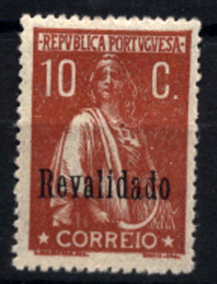 1342.jpg -     Lote:    1342            Portugal       Descrição:         1929 &mdash; Ceres, com sobrecarga "Revalidado". CE488, 10c tijolo em denteado 15x14. Selo com sinal de charneira quase imperceptível. Valor de catálogo &euro; 515,00.        **       Valor Base:     &euro; 75,00     Valor Venda:     &euro; 75,00     