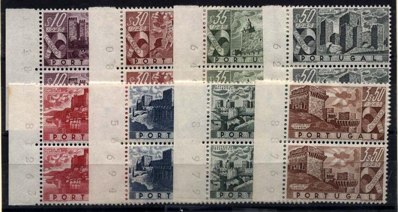 1354.jpg -     Lote:    1354            Portugal       Descrição:         1946 &mdash; Castelos de Portugal. CE664/71. Série completa em pares verticais, bordos de folha. Valor de catálogo &euro; 582,00,        ***       Valor Base:     &euro; 90,00     Valor Venda:     Retirado     