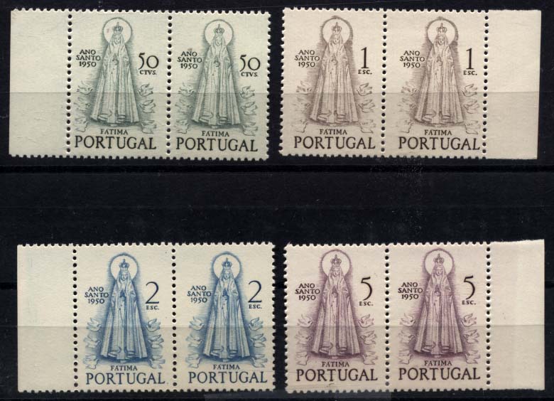 1358.jpg -     Lote:    1358            Portugal       Descrição:         1950 &mdash; Ano Santo. CE719/722. Série completa em pares horizontais, bordos de folha. Valor de catálogo &euro; 452,00.        ***       Valor Base:     &euro; 75,00     Valor Venda:     Retirado     