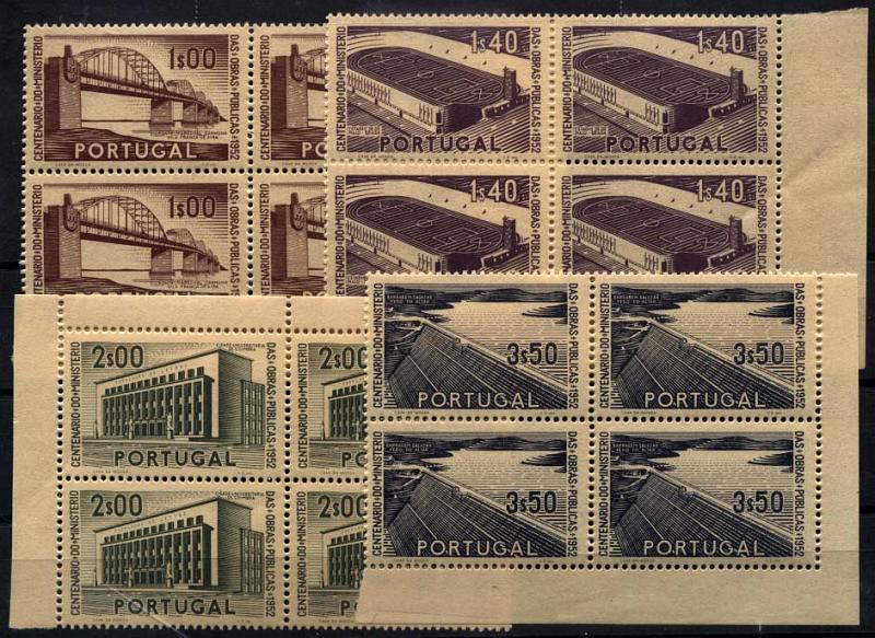 1364.jpg -     Lote:    1364            Portugal       Descrição:         1952 &mdash; 1.º Centenário do Ministério das Obras Públicas. CE755/58. Série completa em quadras, cantos de folha. MB. Valor de catálogo &euro; 340,00.        ***       Valor Base:     &euro; 50,00     Valor Venda:     &euro; 50,00     