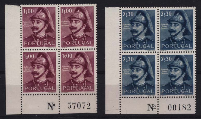 1367.jpg -     Lote:    1367            Portugal       Descrição:         1953 &mdash; 1.º Centenário do Nascimento de Guilherme Gomes Fernandes. CE780/81. Série completa em quadras, cantos de folha com numeração. Valor de catálogo &euro; 88,00.        ***       Valor Base:     &euro; 14,00     Valor Venda:     &euro; 32,00     