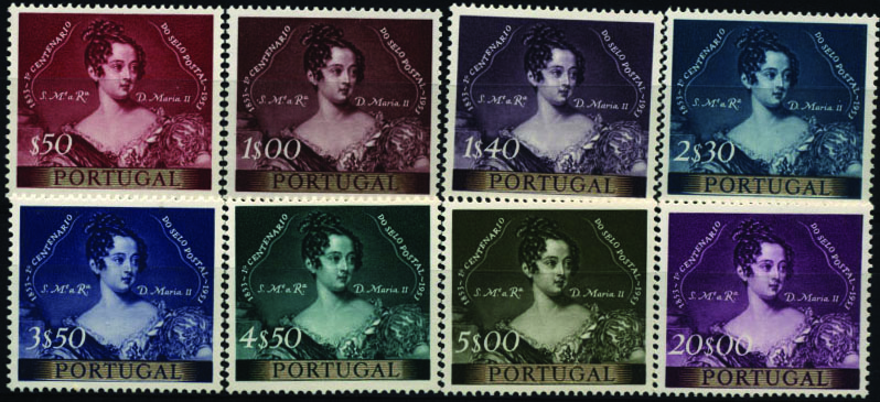 1368.jpg -     Lote:    1368            Portugal       Descrição:         1953 &mdash; 1.º Centenário do Selo Postal Português. CE786/793. Série completa. Valor de catálogo &euro; 191,00.        ***       Valor Base:     &euro; 25,00     Valor Venda:     &euro; 48,00     
