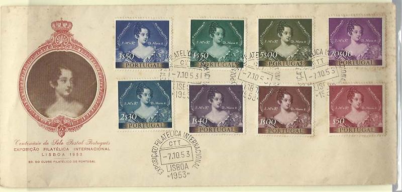1369.jpg -     Lote:    1369            Portugal       Descrição:         1953 &mdash; 1.º Centenário do Selo Postal Português. CE786/793. Sobrescrito comemorativo com a série completa, obliterado com carimbo comemorativo da Exposição Filatélica Internacional (07.10.53).        Carta       Valor Base:     &euro; 20,00     Valor Venda:     &euro; 30,00     