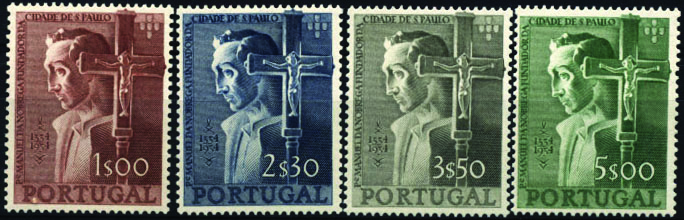 1372.jpg -     Lote:    1372            Portugal       Descrição:         1954 &mdash; 4.º Centenário da Fundação da Cidade de S. Paulo. CE802/805. Série completa. Valor de catálogo &euro; 253,00.        ***       Valor Base:     &euro; 30,00     Valor Venda:     &euro; 36,00     