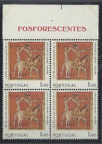 1382.jpg -     Lote:    1382            Portugal       Descrição:         1975 &mdash; Europa CEPT &mdash; Pintura. CE1251, 1$50. Quadra bordo de folha com tarja fosforescente. Valor de catálogo &euro; 556,00.        ***       Valor Base:     &euro; 90,00     Valor Venda:     Retirado     