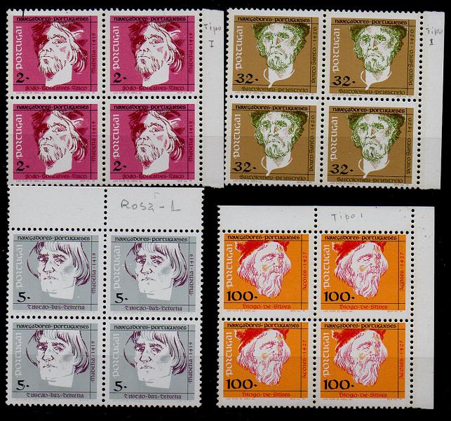 1388.jpg -     Lote:    1388            Portugal       Descrição:         1990/94 &mdash; Navegadores Portugueses. Conjunto completo dos 5 grupos em quadras. Algumas quadras com tarja fosforescente. Preço de catalogo 228,00&euro;.        ***       Valor Base:     &euro; 30,00     Valor Venda:     &euro; 65,00     