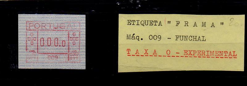 1395.jpg -     Lote:    1395            Portugal       Descrição:         1981 &mdash; Correios e Telecomunicações de Portugal. Máquinas FRAMA. CE ETQ1. Etiqueta da máquina 009 &mdash; Funchal com a taxa 000.0 &mdash; experimental.        ETQ       Valor Base:     &euro; 4,00     Valor Venda:     Retirado     