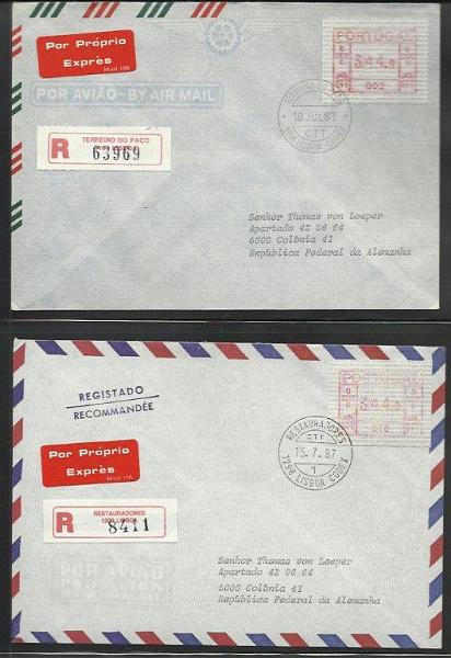 1397.jpg -     Lote:    1397            Portugal       Descrição:         1981/1990 &mdash; Correios e Telecomunicações. Máquina FRAMA. CE ETQ1. Dois álbuns Leuchturm com dezenas de sobrescritos circulados, FDCs, registos, circulações internacionais, etc. Lote a ver.        Lote       Valor Base:     &euro; 150,00     Valor Venda:     &euro; 260,00     