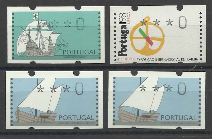 1404.jpg -     Lote:    1404            Portugal       Descrição:         1992/97 &mdash; Caravela Portuguesa + Nau Portuguesa + Portugal 98. Lote composto por 4 etiquetas com a taxa ***0: duas CE ETQ5 com papel tipo I e II + uma ETQ7 + uma ETQ13.        ETQ       Valor Base:     &euro; 6,00     Valor Venda:     Retirado     
