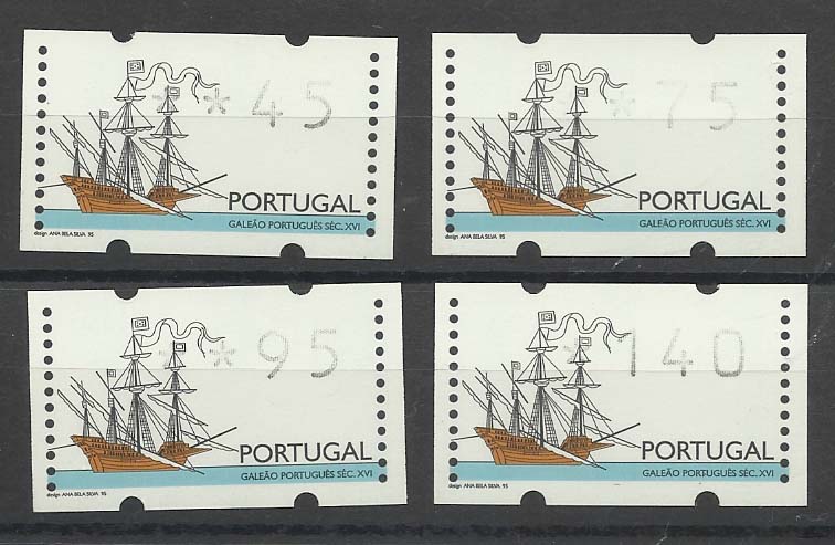 1408.jpg -     Lote:    1408            Portugal       Descrição:         1995 &mdash; Galeão Português &mdash; Séc. XVI. CE ETQ9. Série completa com as taxas do ano de 1996.         ETQ       Valor Base:     &euro; 12,00     Valor Venda:     Retirado     