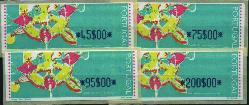 1410.jpg -     Lote:    1410            Portugal       Descrição:         1995 &mdash; Brinquedos Populares &mdash; Galinhas. CE ETQ10A. Série completa para o correio ordinário (ano 1995). Valor de catálogo &euro; 280,00.        ETQ       Valor Base:     &euro; 60,00     Valor Venda:     &euro; 60,00     