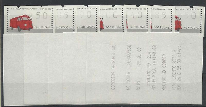 1415.jpg -     Lote:    1415            Portugal       Descrição:         1995 &mdash; Transportes Postais. CE ETQ11. Série completa com as taxas do correio ordinário e correio azul sem a letra A para o ano de 2000. Acompanham respectivos recibos        ETQ       Valor Base:     &euro; 10,00     Valor Venda:     &euro; 16,00     