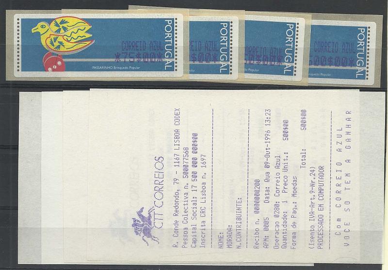 1418.jpg -     Lote:    1418            Portugal       Descrição:         1996 &mdash; Brinquedos Populares &mdash; Passarinhos. CE ETQ12. Lote de 4 etiquetas para o correio azul, nas taxas de 75$00 / 120$00 / 350$00 e 500$00. Acompanham recibos.        ETQ       Valor Base:     &euro; 10,00     Valor Venda:     &euro; 10,00     