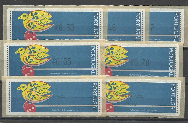 1420.jpg -     Lote:    1420            Portugal       Descrição:         1996 &mdash; Brinquedos Populares &mdash; Passarinhos. CE ETQ12C. Série completa para o correio ordinário e correio azul, com as taxas em euros. Acompanham recibos do 1.º dia de circulação. Não catalogadas.        ETQ       Valor Base:     &euro; 45,00     Valor Venda:     &euro; 50,00     